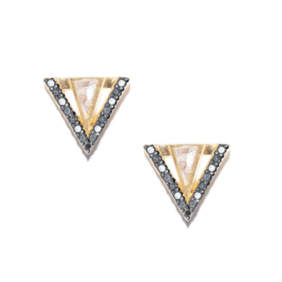 Load image into Gallery viewer, triangle shaped stud earrings with crushed diamonds set in resin and black diamond pave accents on white background
