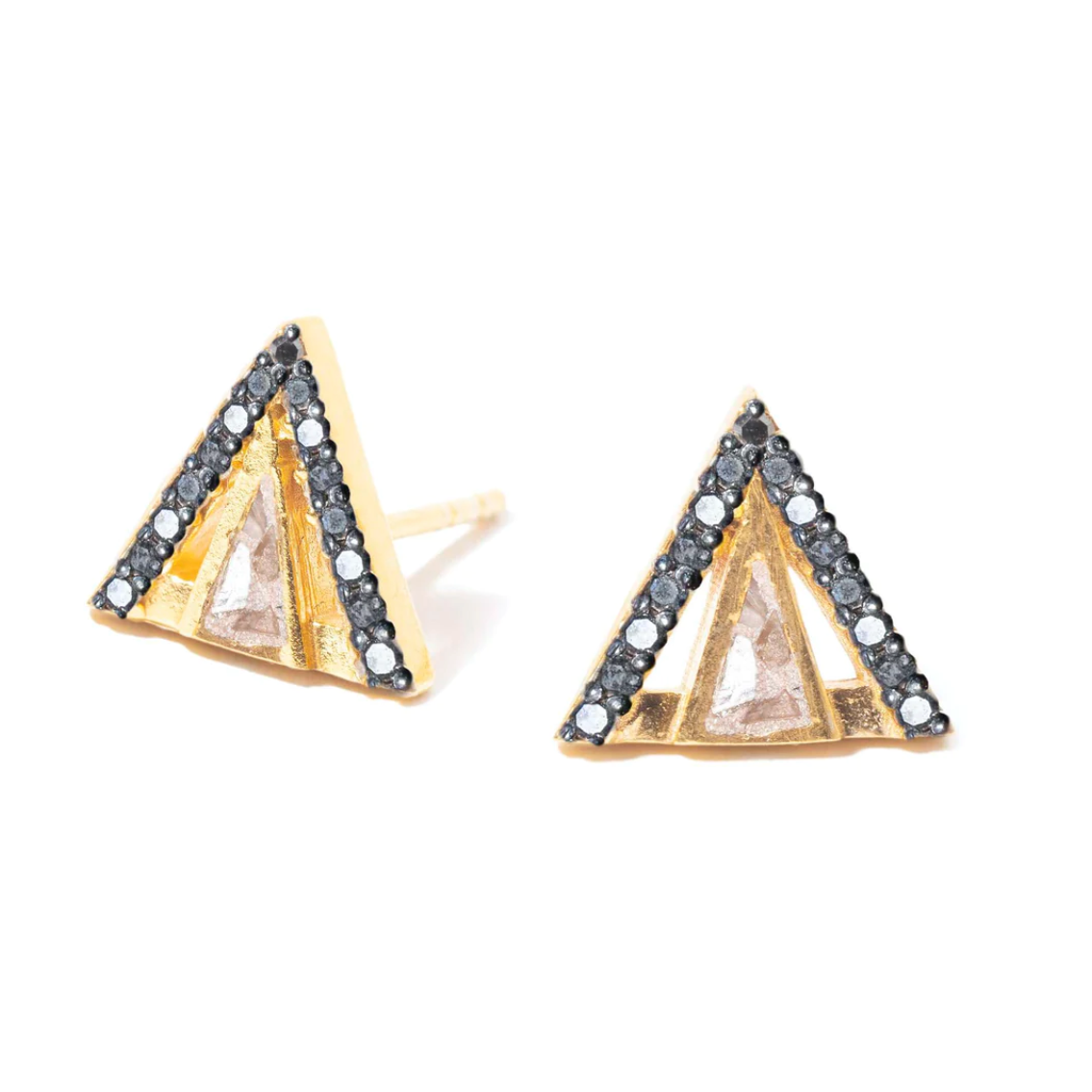 Load image into Gallery viewer, triangle shaped stud earrings with crushed diamonds set in resin and black diamond pave accents on white background
