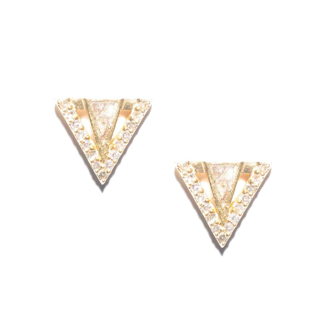 Load image into Gallery viewer, triangle shaped stud earrings with crushed diamonds set in resin and champagne diamond pave accents on white background
