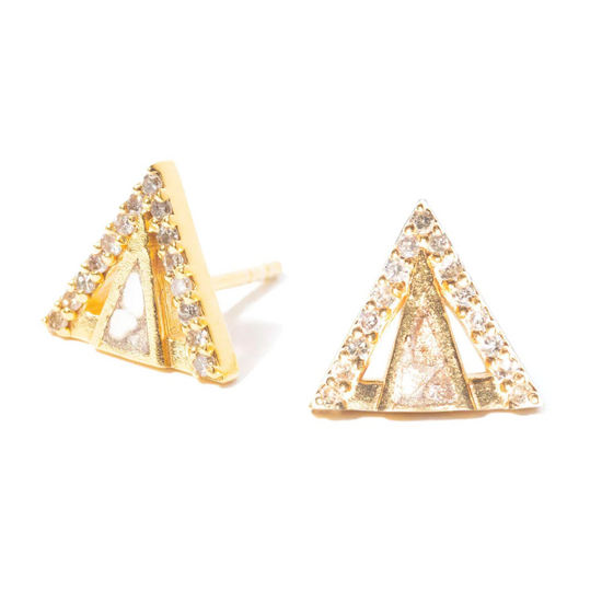 Load image into Gallery viewer, triangle shaped stud earrings with crushed diamonds set in resin and champagne diamond pave accents on white background
