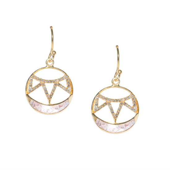 Load image into Gallery viewer, gold circle drop earrings with champagne diamond pave accents and white uncut diamonds set in rose colored resin on white background
