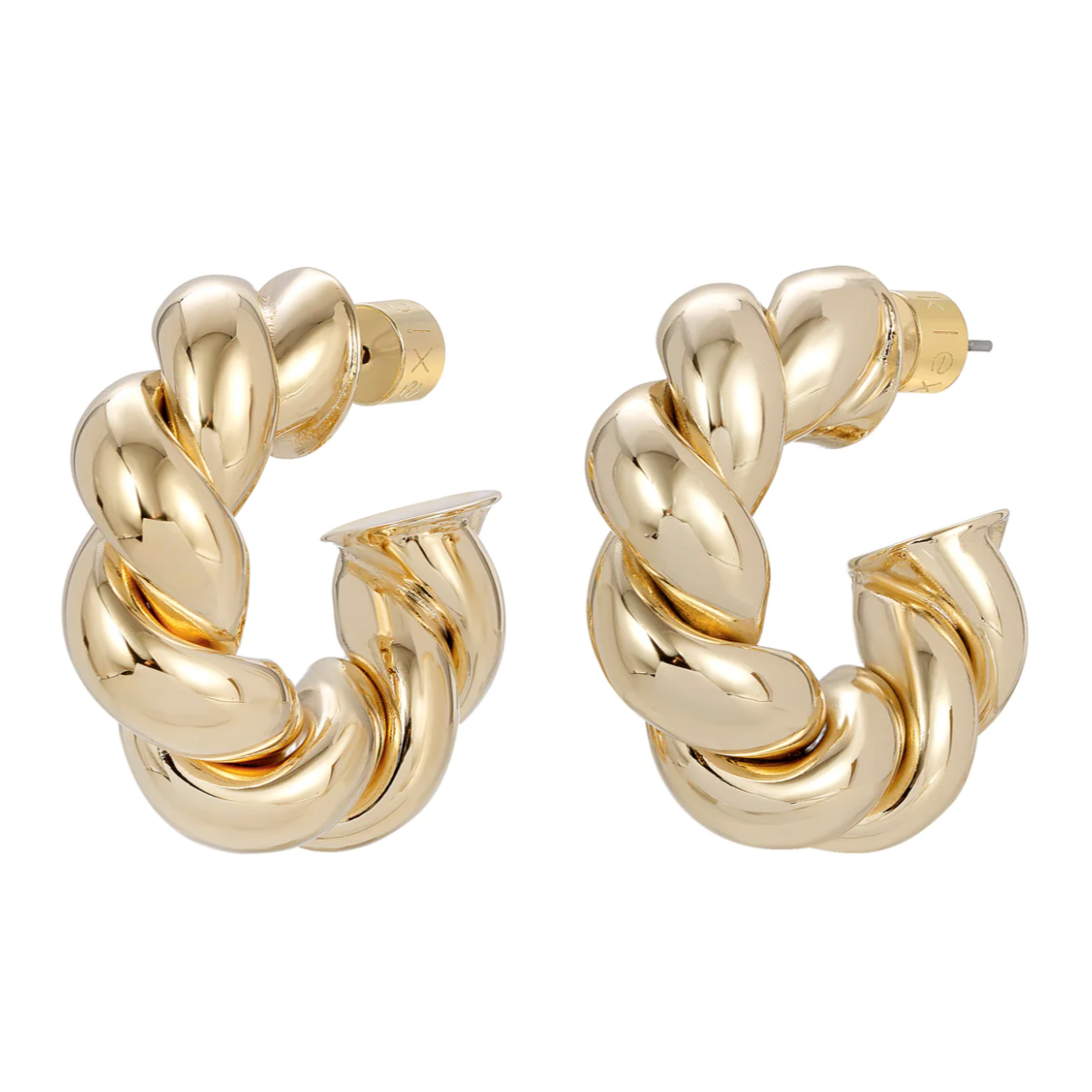twisted gold hoop earrings, close up on white background