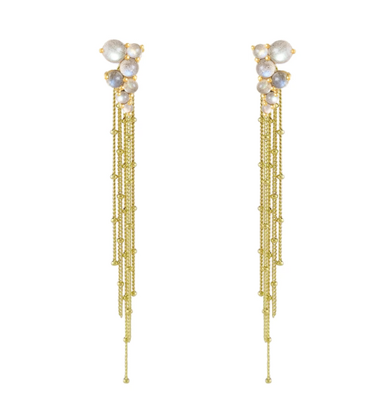 Labradorite gemstone cluster earrings with gold tassel drops.