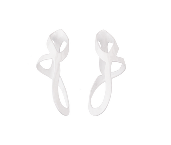 White sculptural woven drip earrings, on white background.