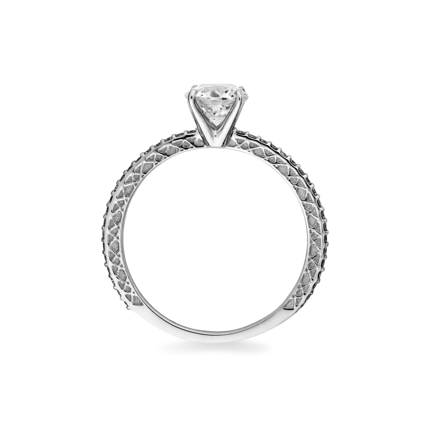 Load image into Gallery viewer, Profile view of Viviana Langhoff&amp;#39;s signature white gold diamond solitaire ring on white background.
