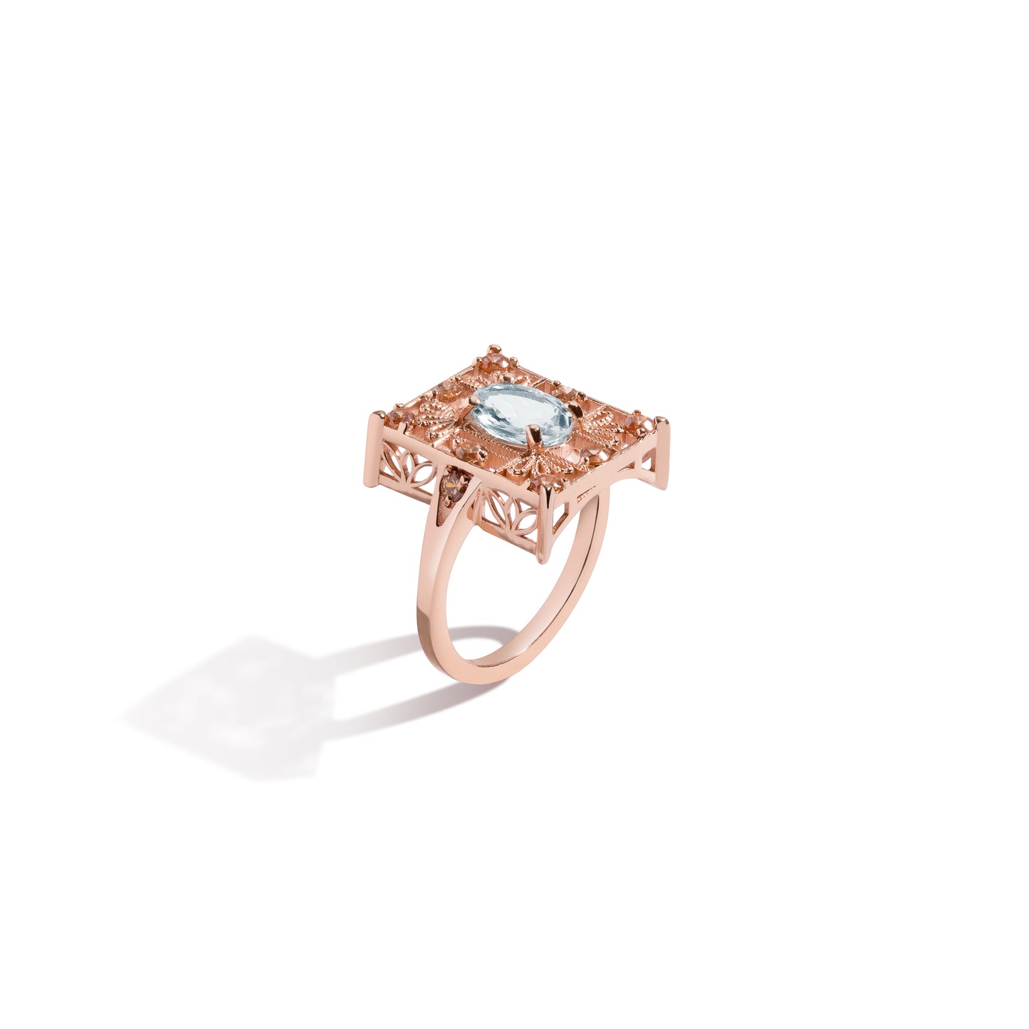 Load image into Gallery viewer, Aquamarine + Rose Gold Ring with Champagne Diamonds
