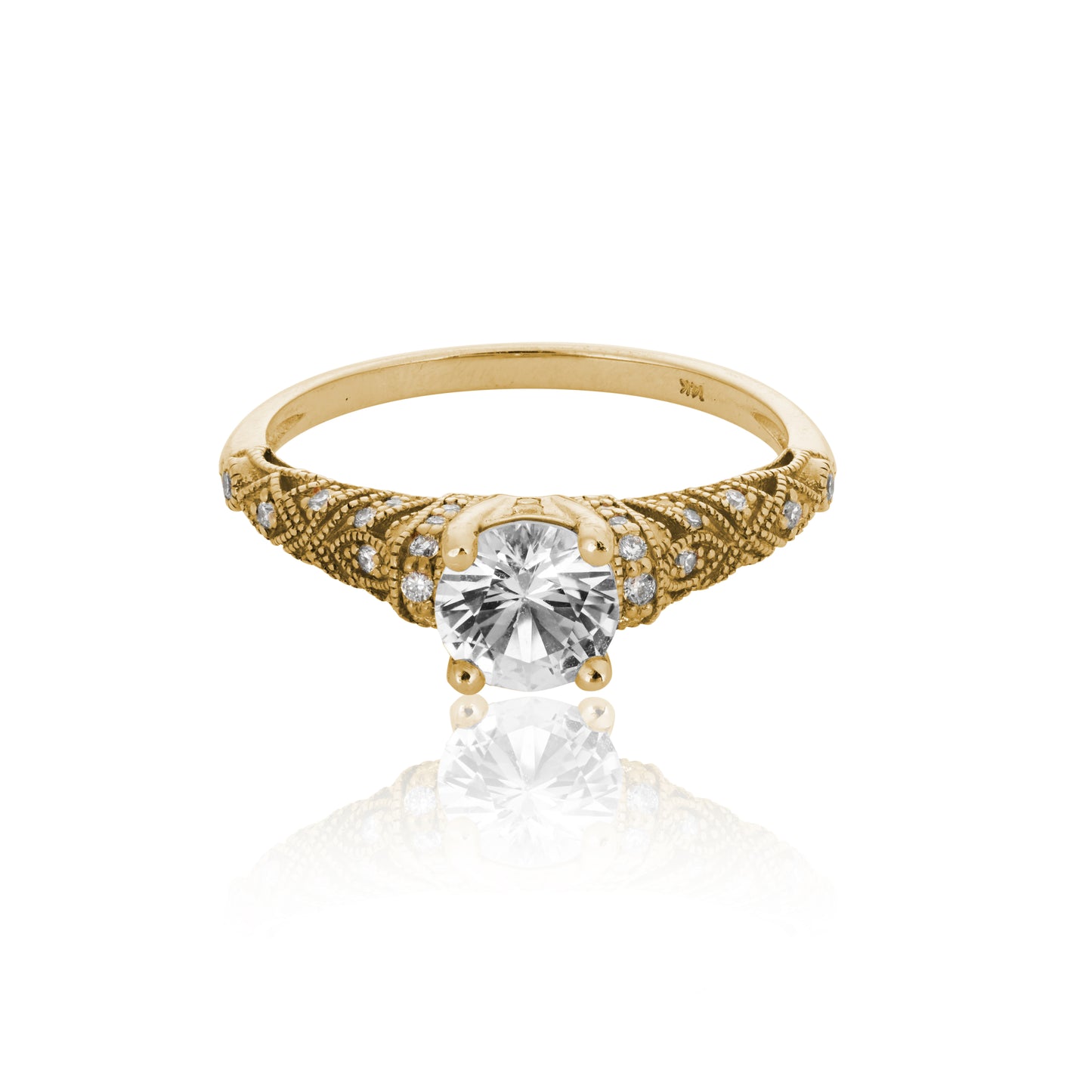 Load image into Gallery viewer, Josephine ring with white sapphire center stone on white background.
