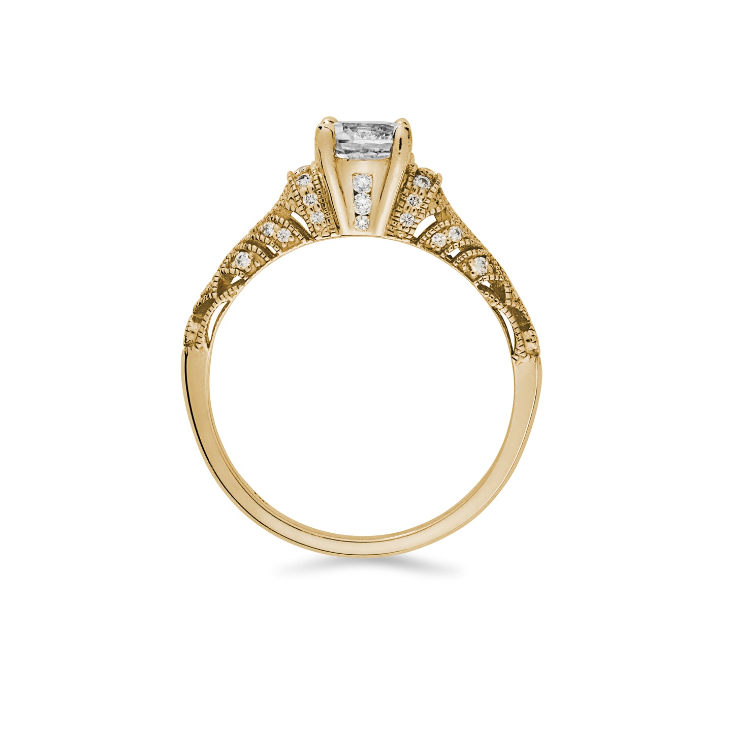 Side view of the Josephine ring with white sapphire center stone on white background.