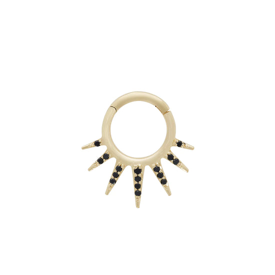 a single gold hoop with black diamond a spike details on a white background