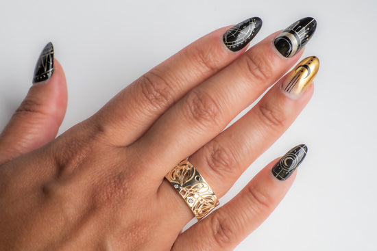 Load image into Gallery viewer, yellow gold cigar band with diamonds photographed on a model&amp;#39;s hand
